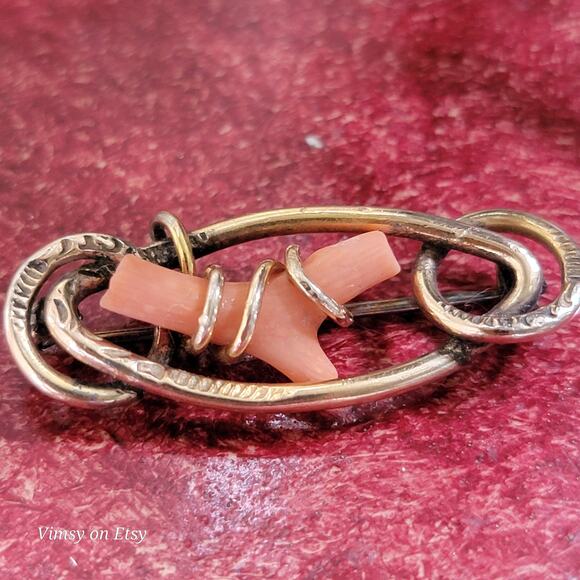 Victorian 14K Gold Love Knot Brooch with Pink Coral -Heirloom - Picture 4 of 10